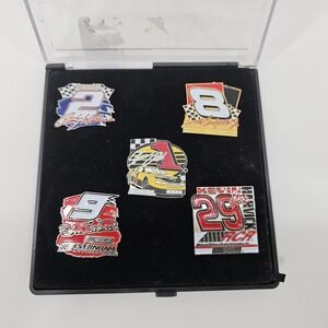 Lot of 5 NASCAR Collector Pins Dale Jr Wallace Harvick Elliott Park w/ Case